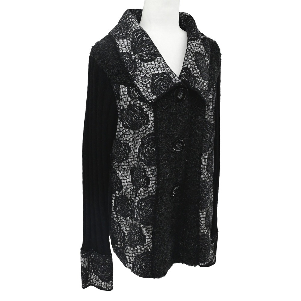 Y2K Whimsical Sioni Floral Lace Cardigan Jacket Black White Wool Mohair Blend - Picture 5 of 16